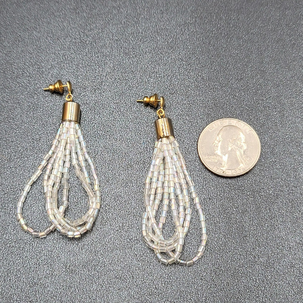 Pierced Earrings Gold tone AB White Clear Beads Dangle Loops 2.5"