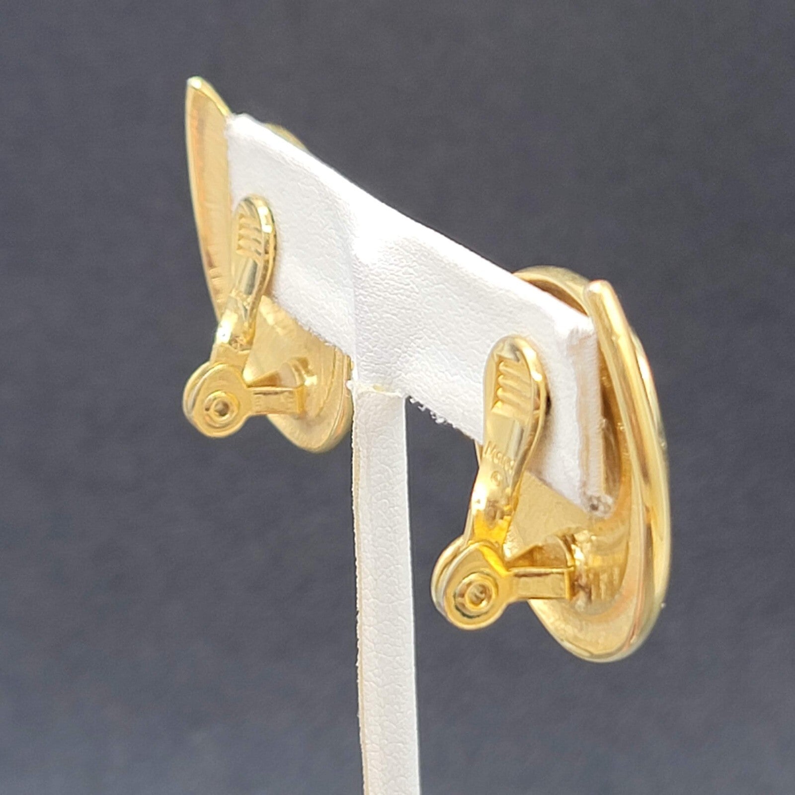 Vintage MONET Clip on Earrings Gold Plated White Enamel Drop 1 3/8"