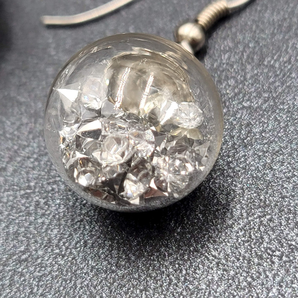 Pierced Earrings Silver tone Loose Silver Rhinestones Filled Sphere Dangle 3/4"