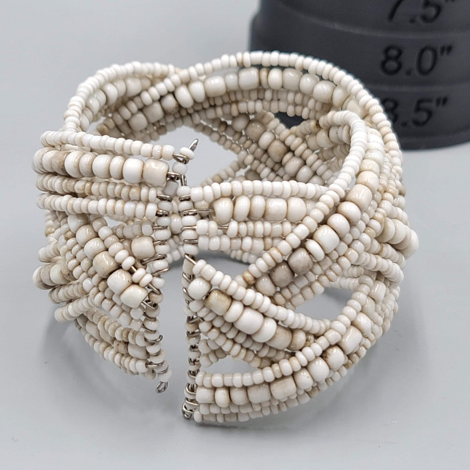 Vintage Cuff Bracelet White Beige Seed Bead Woven 7"+