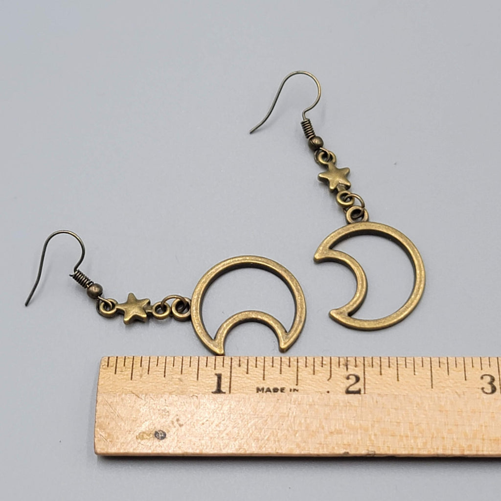 Star and Moon Pierced Earrings Bronze tone Dangle 1.5" New