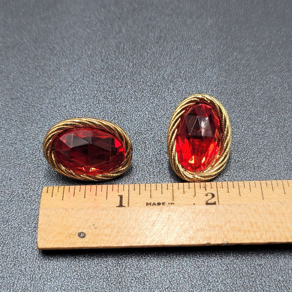 Vintage Pierced Earrings Gold Plated Red Faceted Glass Drop 1"
