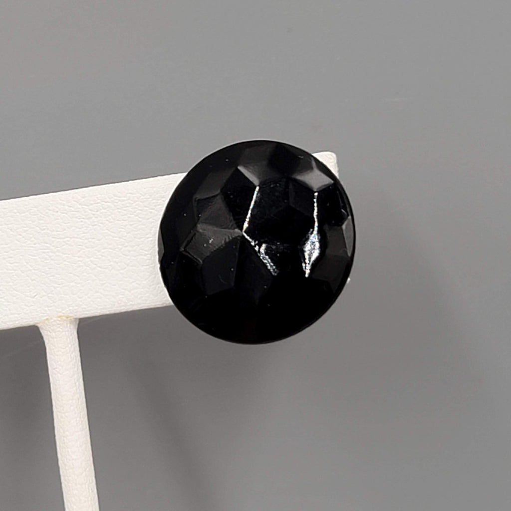 Vintage Faceted Black Glass Round Clip on Earrings 3/4"