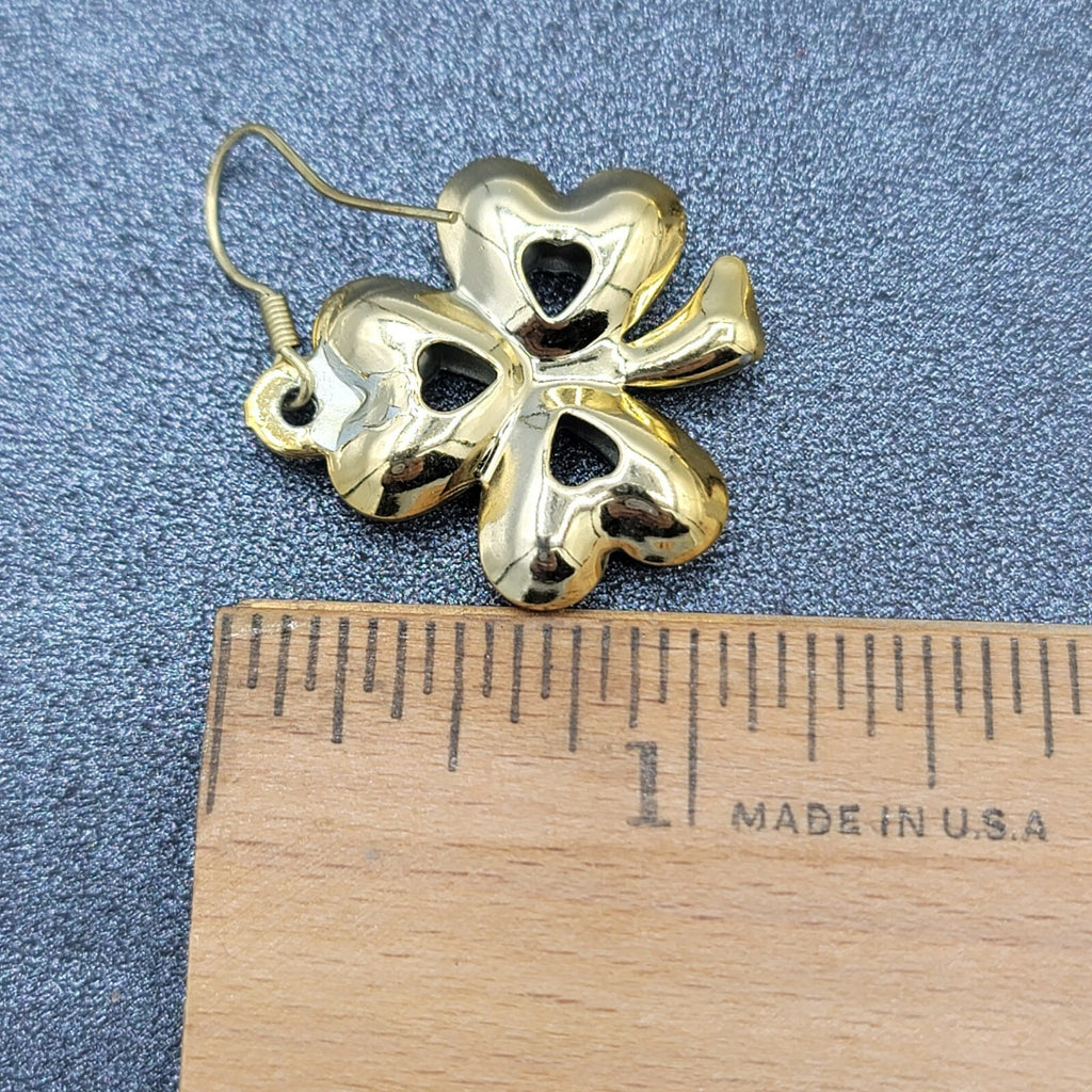 Clover Dangle Hook Dangle Pierced Earrings Jingle Bell Gold tone St Patricks Day