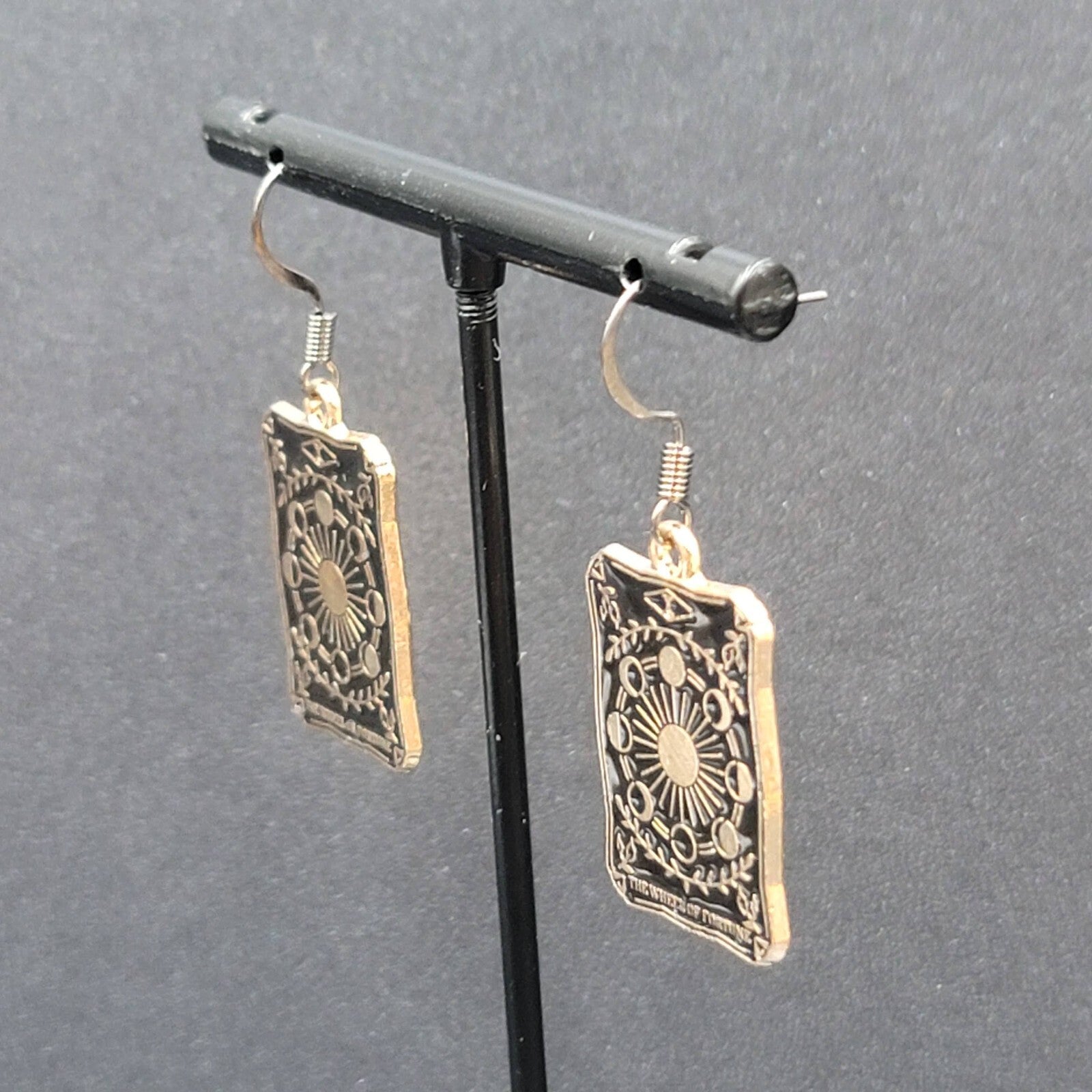 Tarot Card Pierced Earrings The Wheel of Fortune Gold tone Black 1"