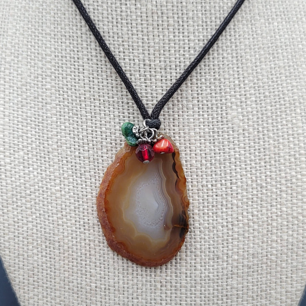 Banded Agate Geode Slice Pendant Necklace Beads Black Cord 15"-18"