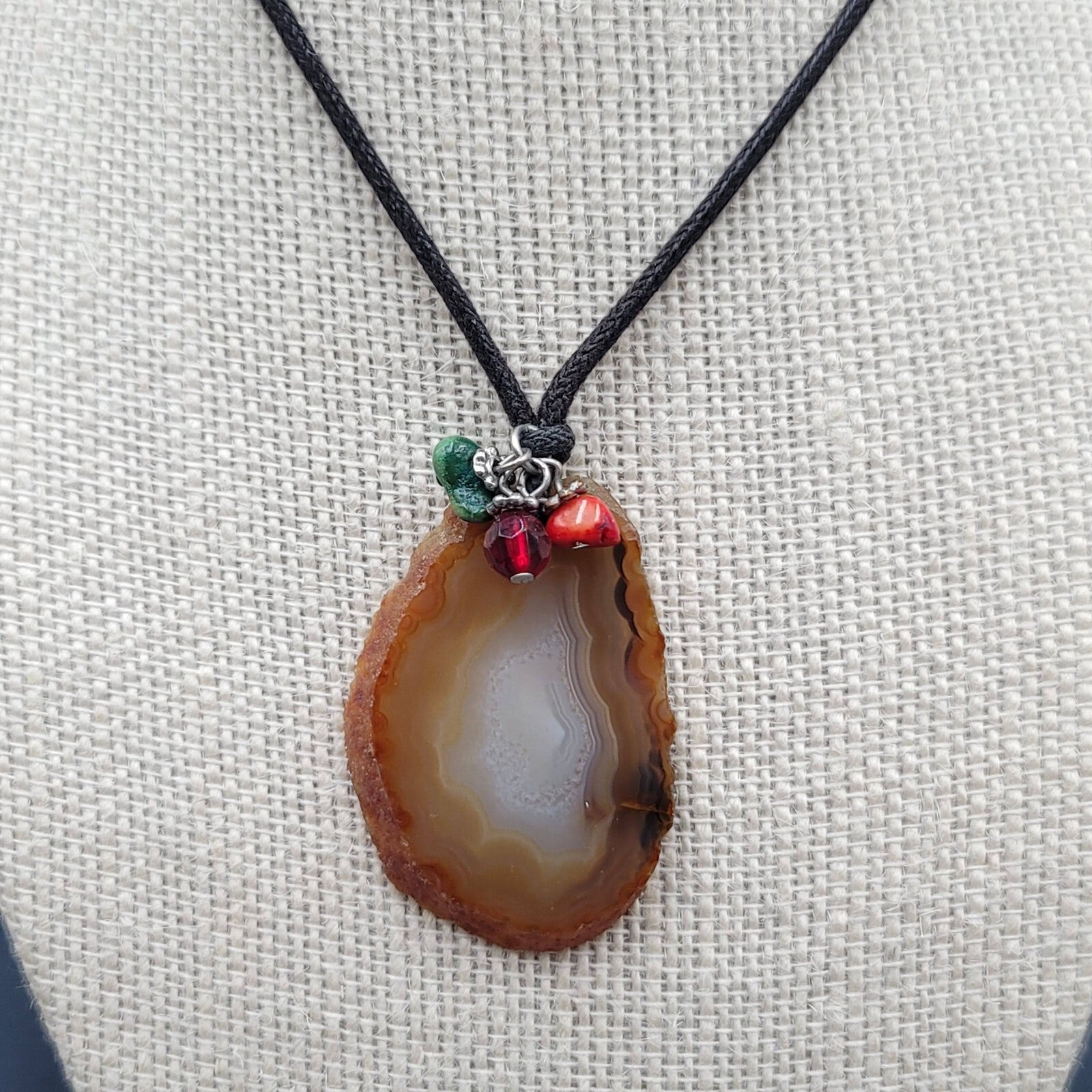 Banded Agate Geode Slice Pendant Necklace Beads Black Cord 15"-18"