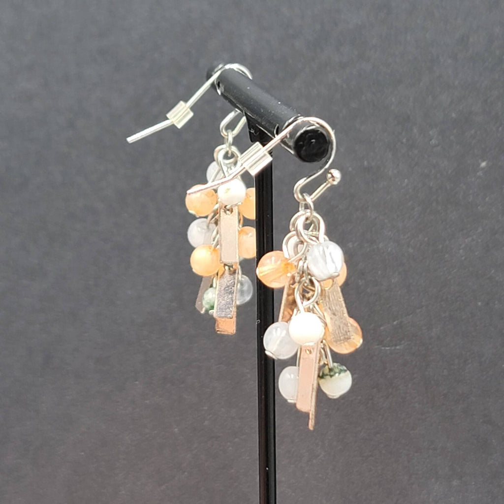 Pierced Earrings Silver tone Peach Gray Green Dangle Beads 1.25"