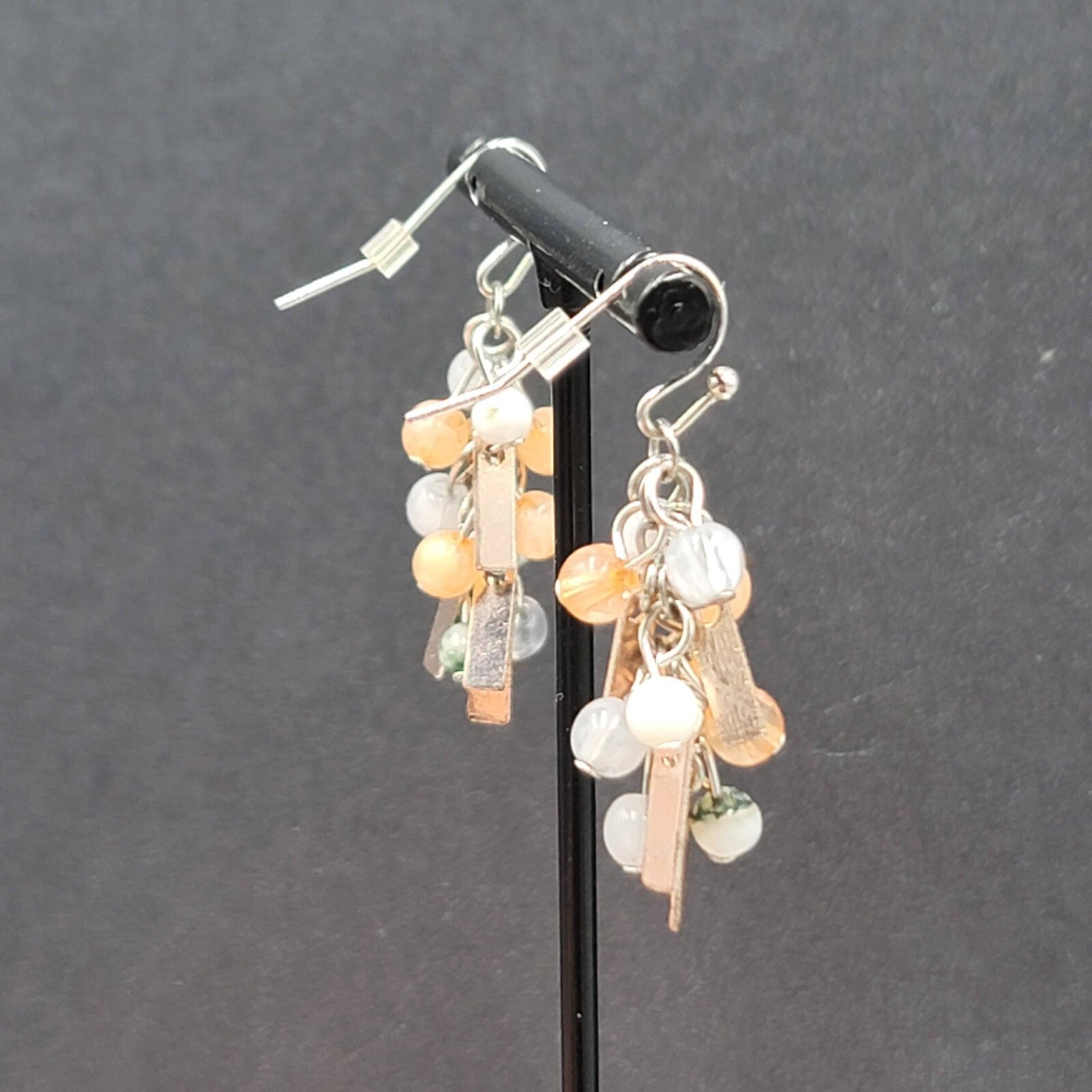 Pierced Earrings Silver tone Peach Gray Green Dangle Beads 1.25"