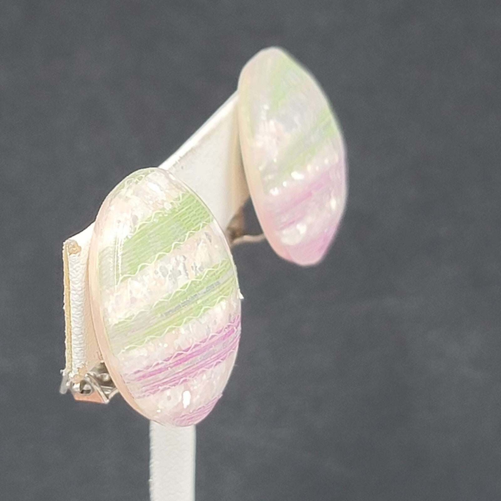 Vintage Clip on Earrings Purple Green White Lucite Round Button Studs 1"