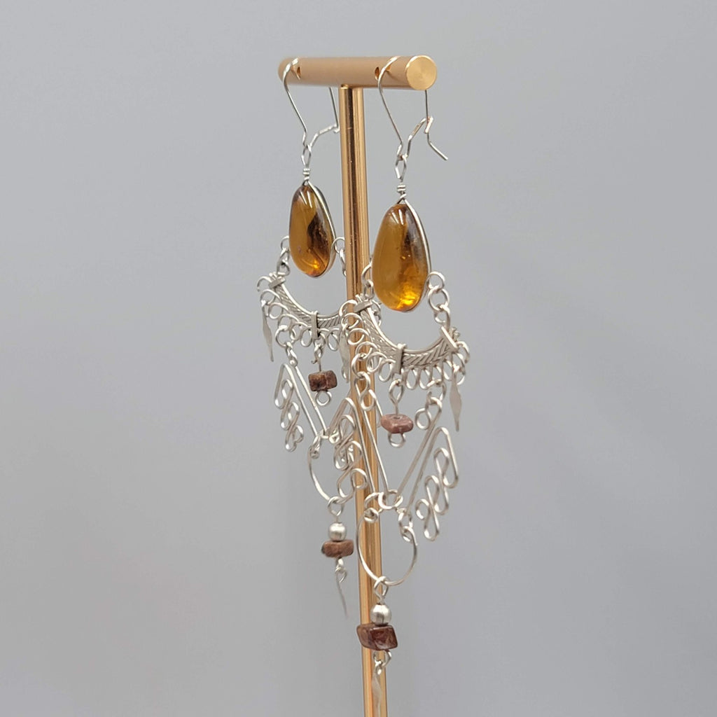 Bohemian Chandelier Brown Glass Pierced Earrings Silver tone Dangle 3.25"