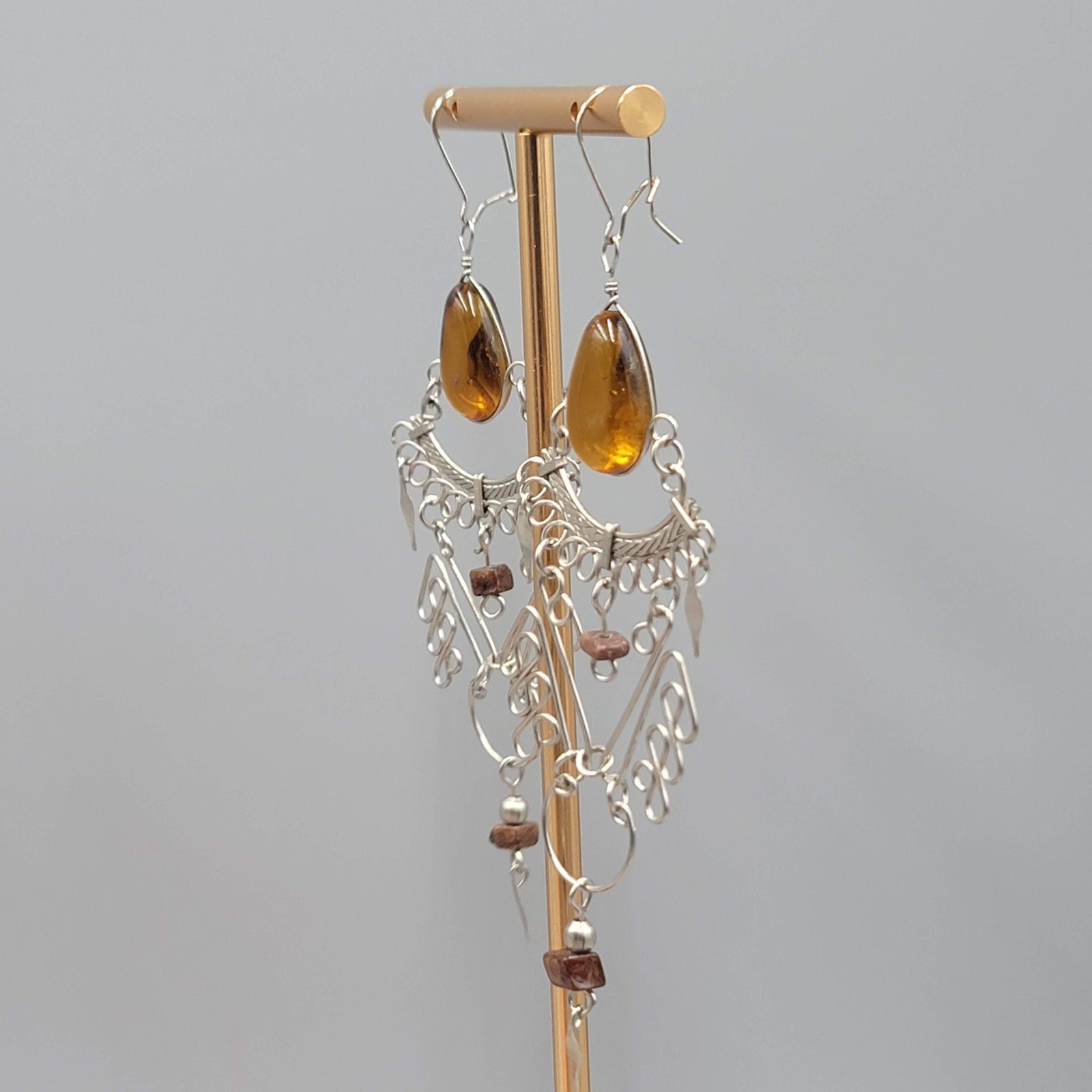 Bohemian Chandelier Brown Glass Pierced Earrings Silver tone Dangle 3.25"