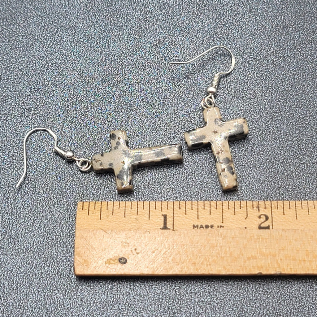 Sterling Silver Cross Pierced Earrings 925 Jasper Stone 1"