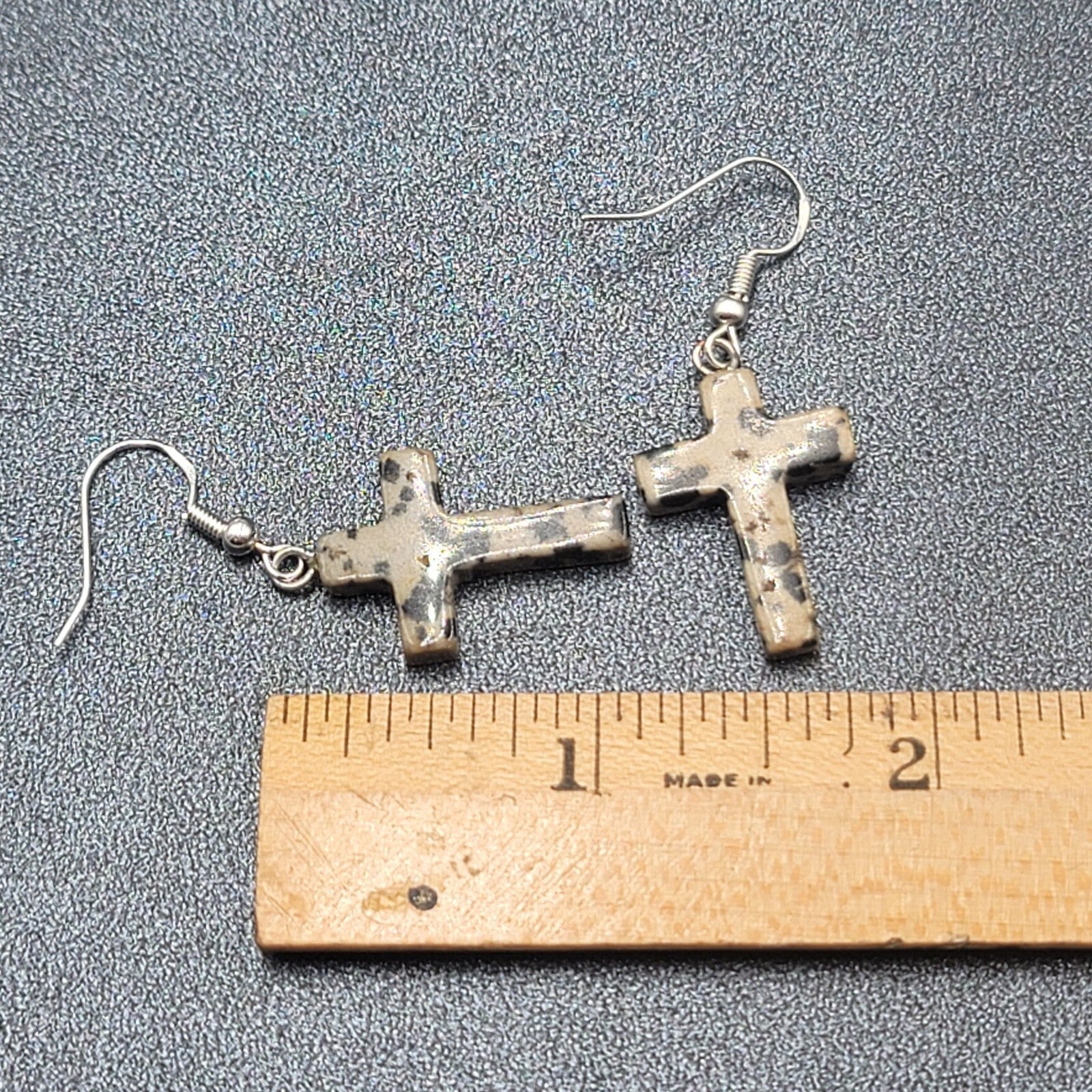 Sterling Silver Cross Pierced Earrings 925 Jasper Stone 1"