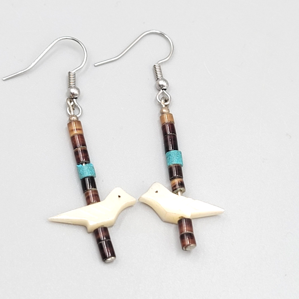 Vintage Bird Fetish Pierced Earrings Heishi Shell Beads Silver tone Dangle 1.5"