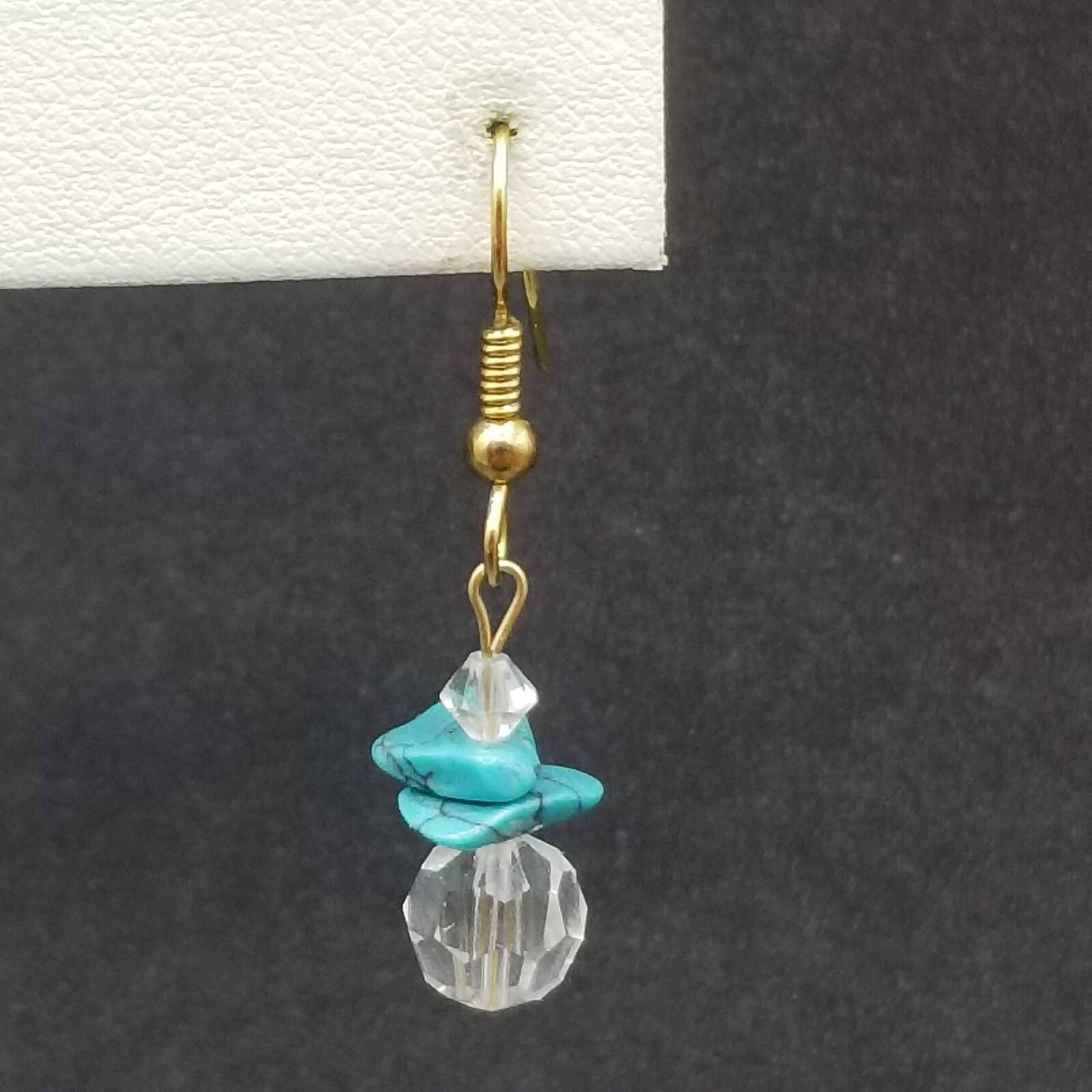 Pierced Earrings Gold tone Crystal Faceted Stone Turquoise Beaded Dangle 3/4"