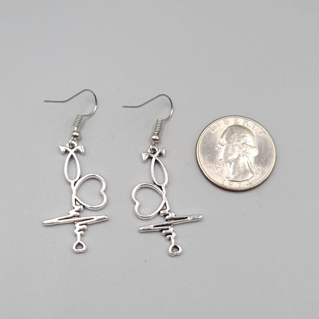 Medical Nurse Pierced Earrings Heart EKG ECG Silver tone Dangle 1.25"