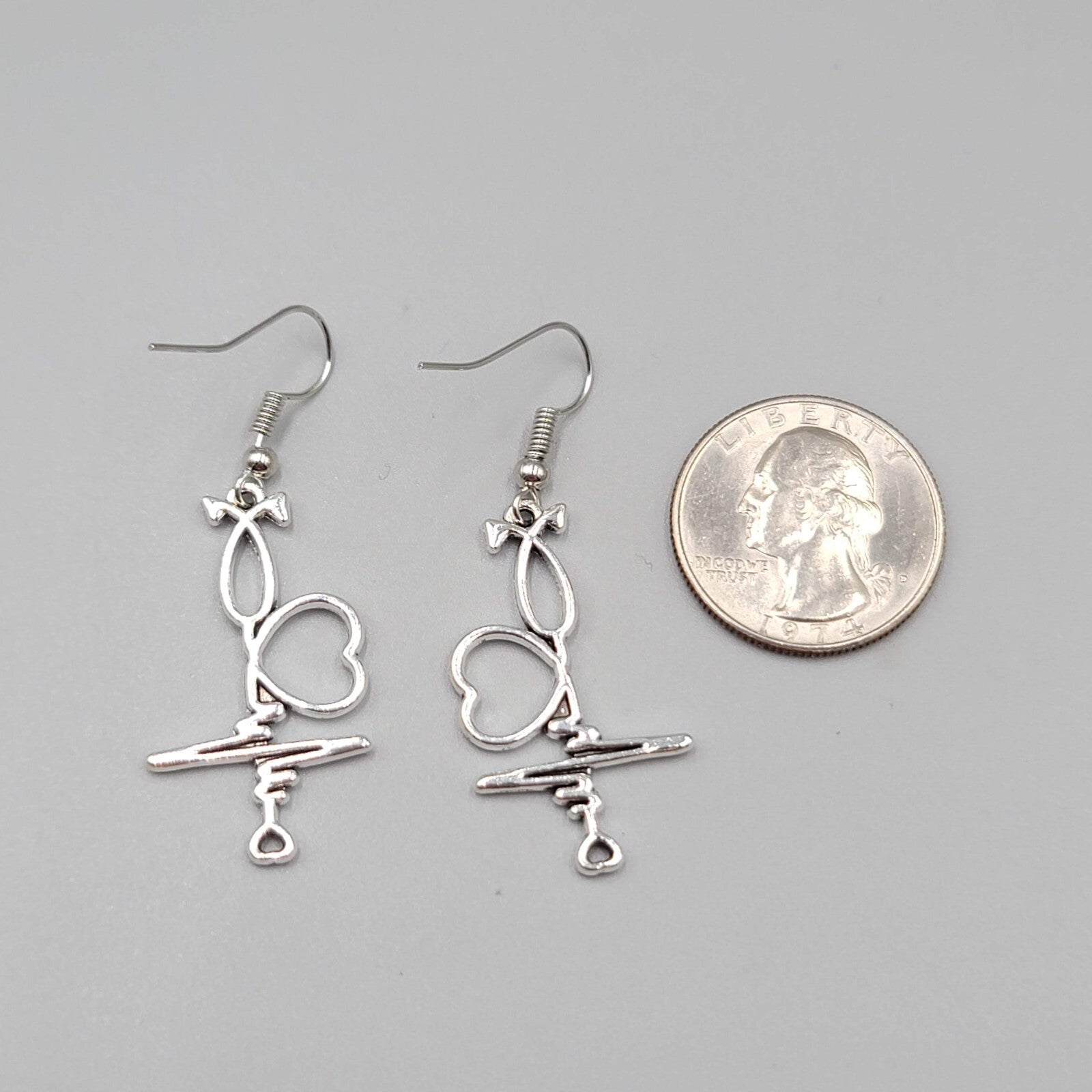 Medical Nurse Pierced Earrings Heart EKG ECG Silver tone Dangle 1.25"