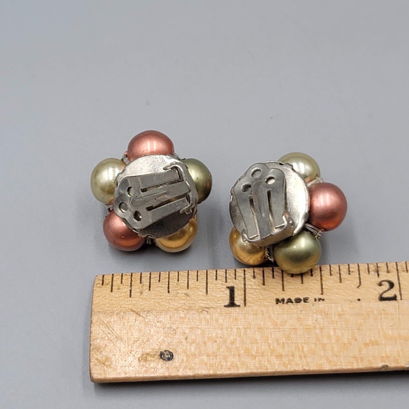 Vintage Cluster Clip on Earrings Green Gold tone Rose Bead 3/4"