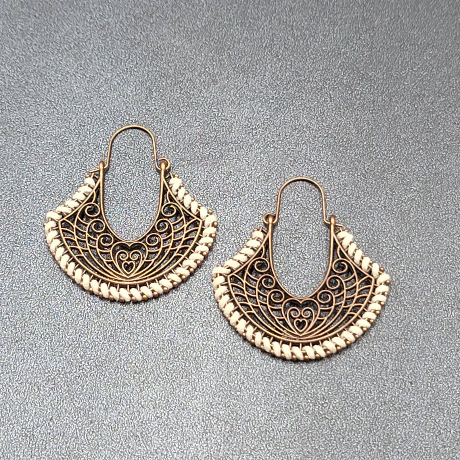New Boho Pierced Earrings Bronze tone Open Work White Thread Hoops Dangle 1.75"