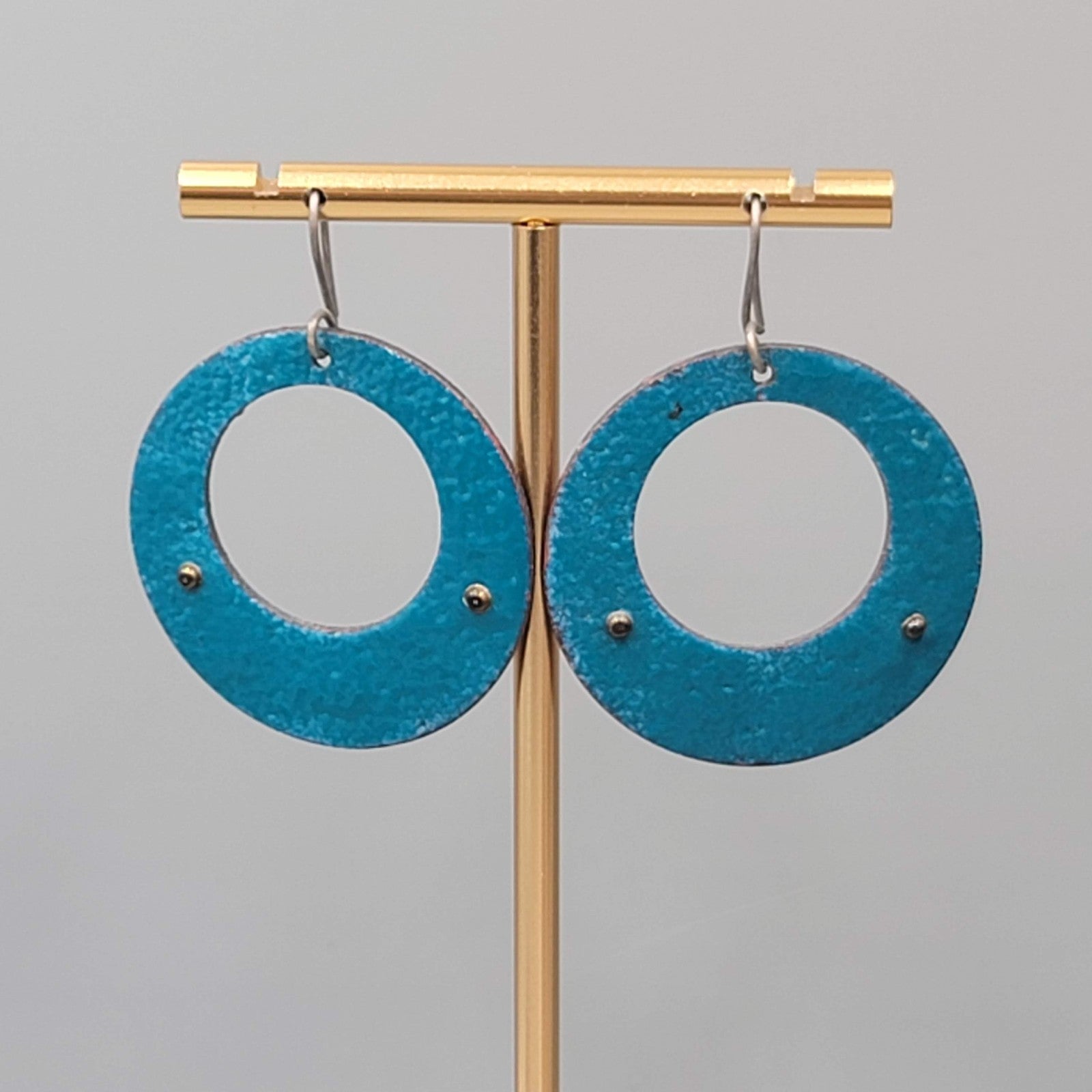 Artisan Vintage Blue Enamel Open Discs Pierced Earrings Round Dangle 1.5"