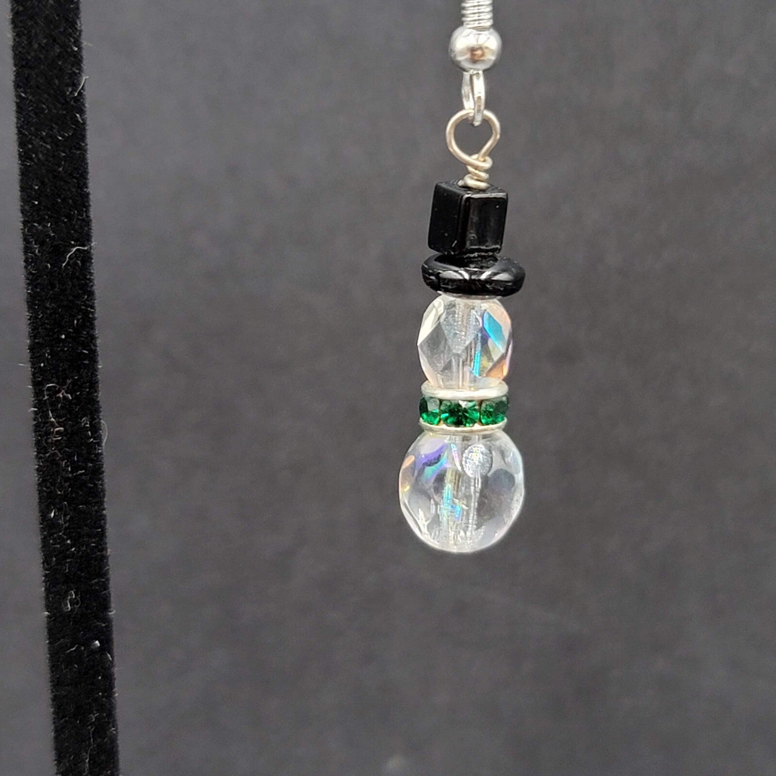Sterling Silver Pierced Earrings Crystal Bead Snowman Dangle  1"