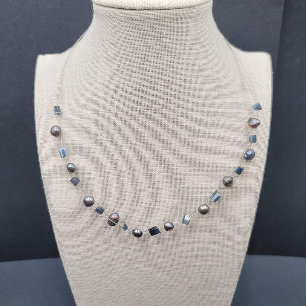 Multi Strand Pearl Station Floating Beads Necklace 18"