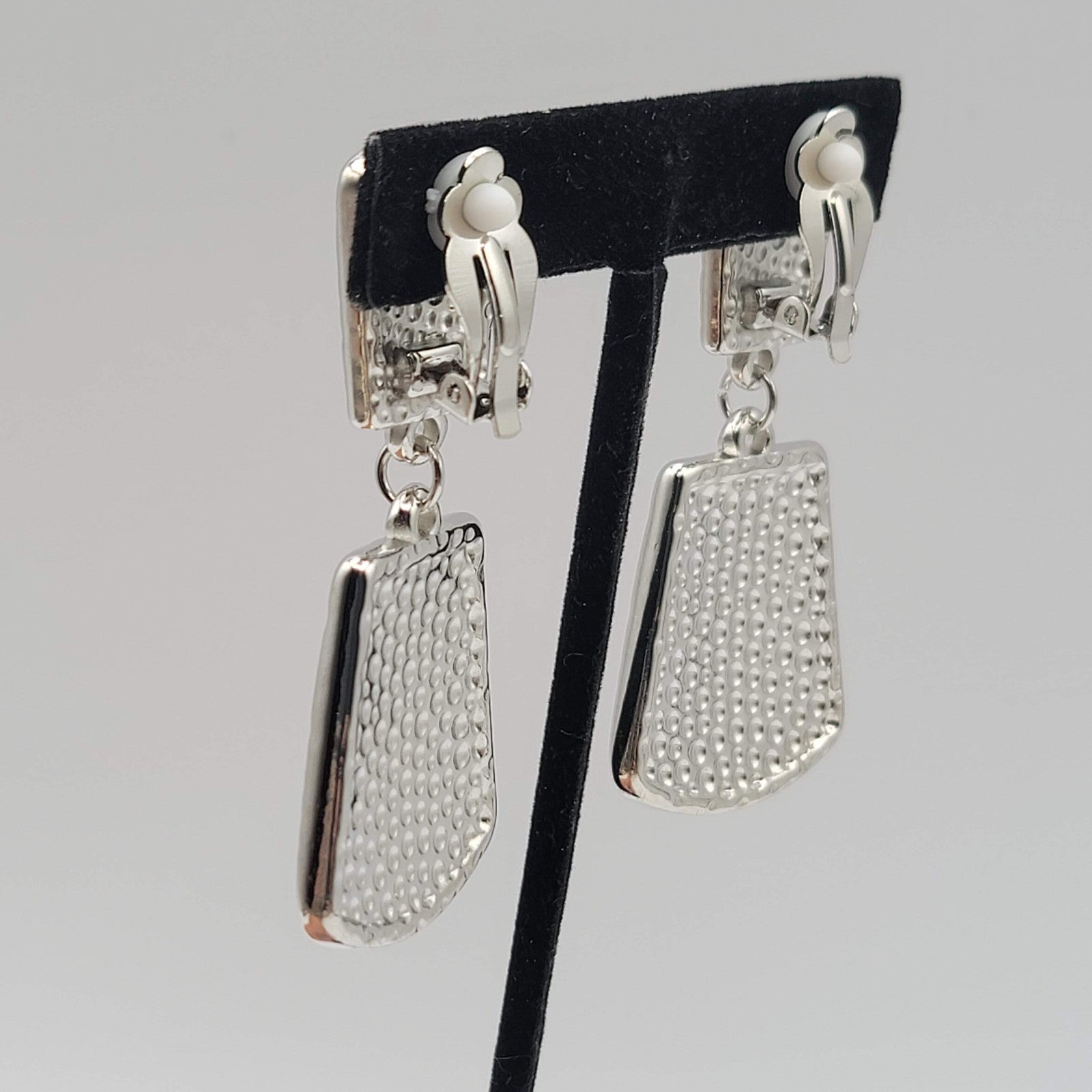 Vtg Hammered Silver Plated Clip on Earrings Statement Door Knocker Dangle 2.5 in