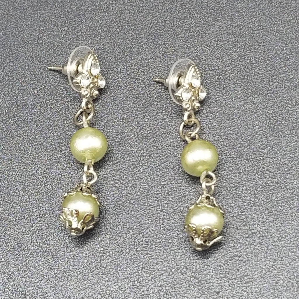 AVON Pierced Earrings Silver tone Capped Green Bead Dangle 1.75"