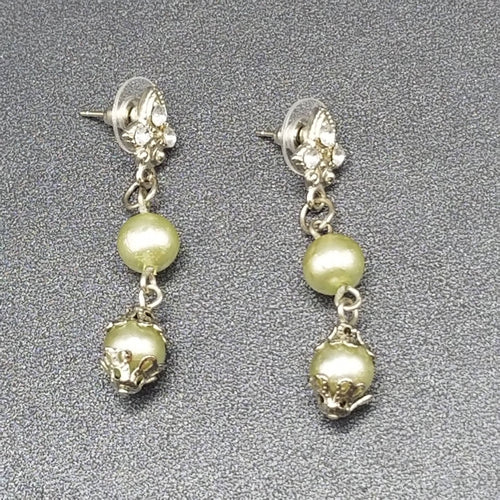 AVON Pierced Earrings Silver tone Capped Green Bead Dangle 1.75"