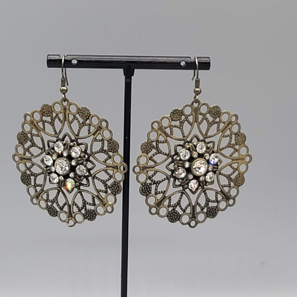 Pierced Earrings Bronze tone Large Metal Filigree Rhinestone Center Boho 1.75"