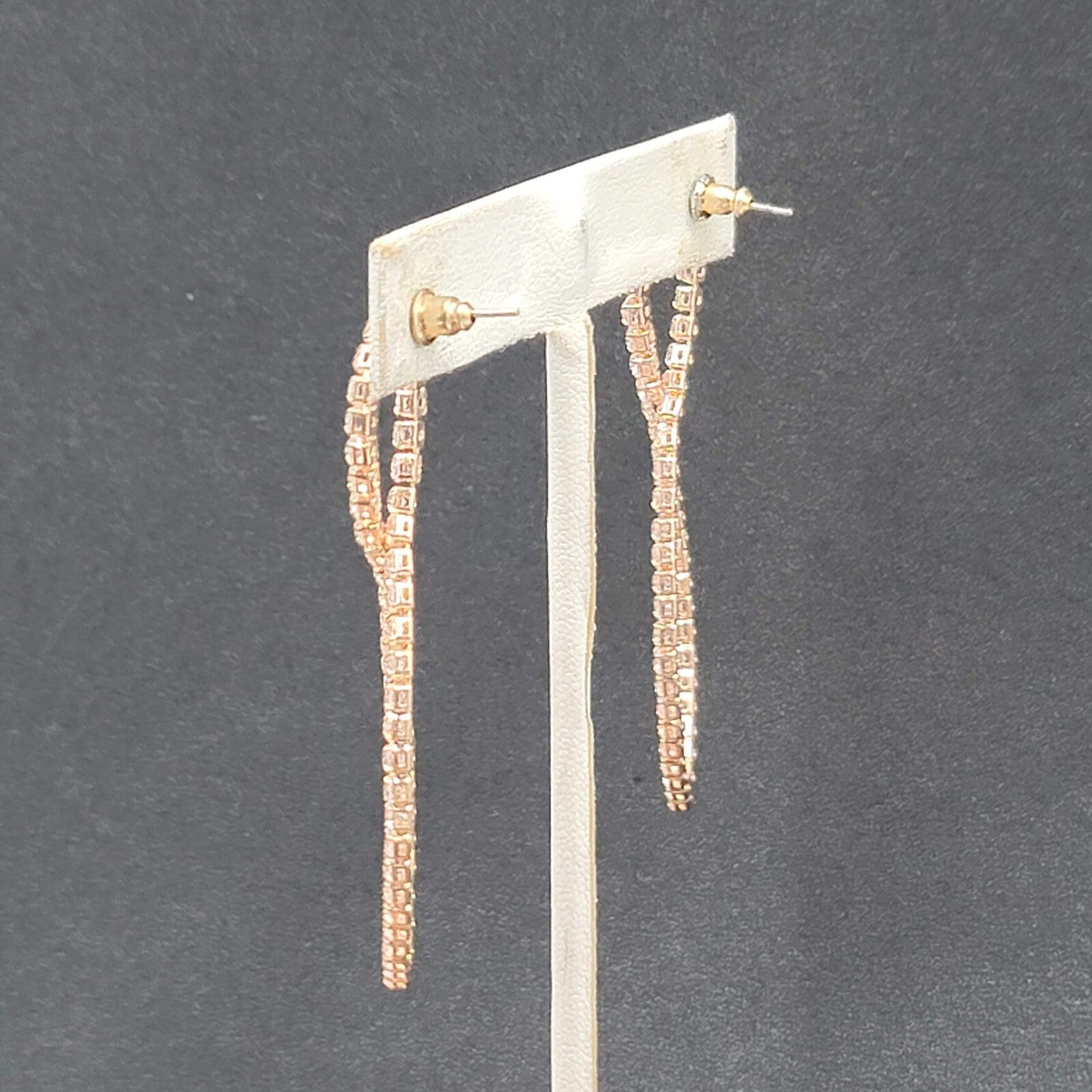 Pierced Earrings Rose Gold tone Crystal Prom Wedding Dangle 2.5"