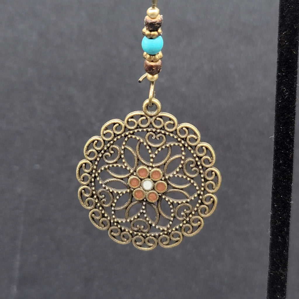 New Boho Pierced Earrings Antiqued Gold tone Blue Beas Enamel Mandala 2.75"