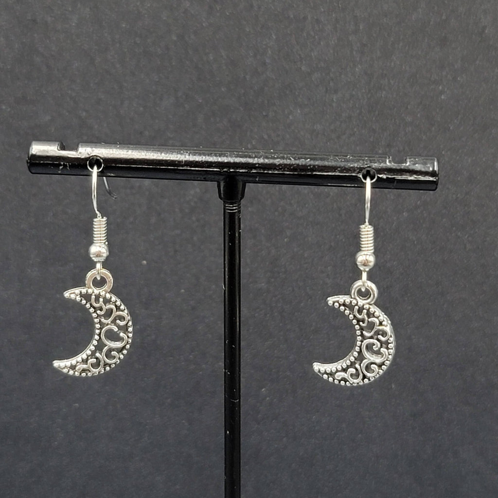 New MOON Pierced Earrings Silver tone Open Work Metal Dangle 5/8"