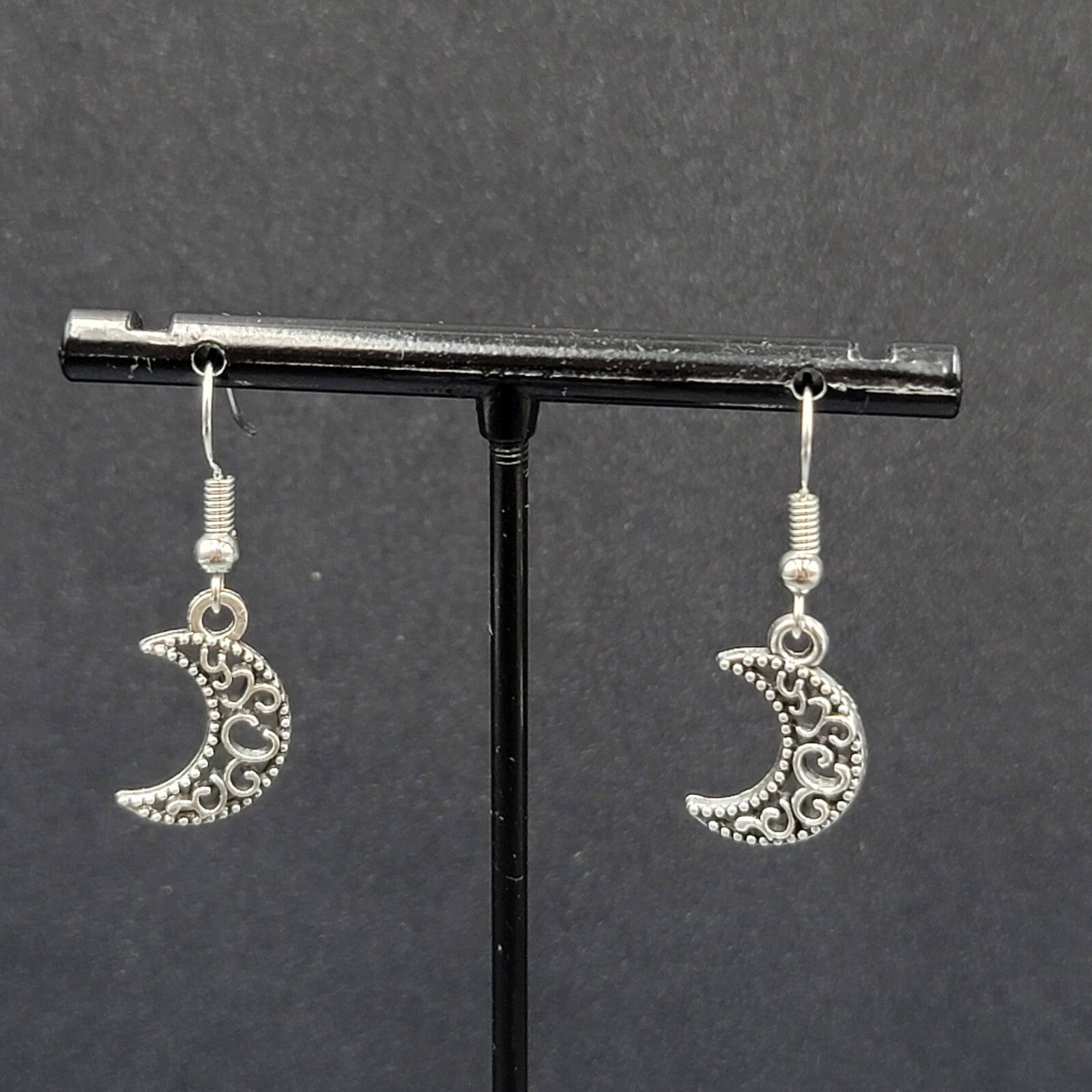 New MOON Pierced Earrings Silver tone Open Work Metal Dangle 5/8"