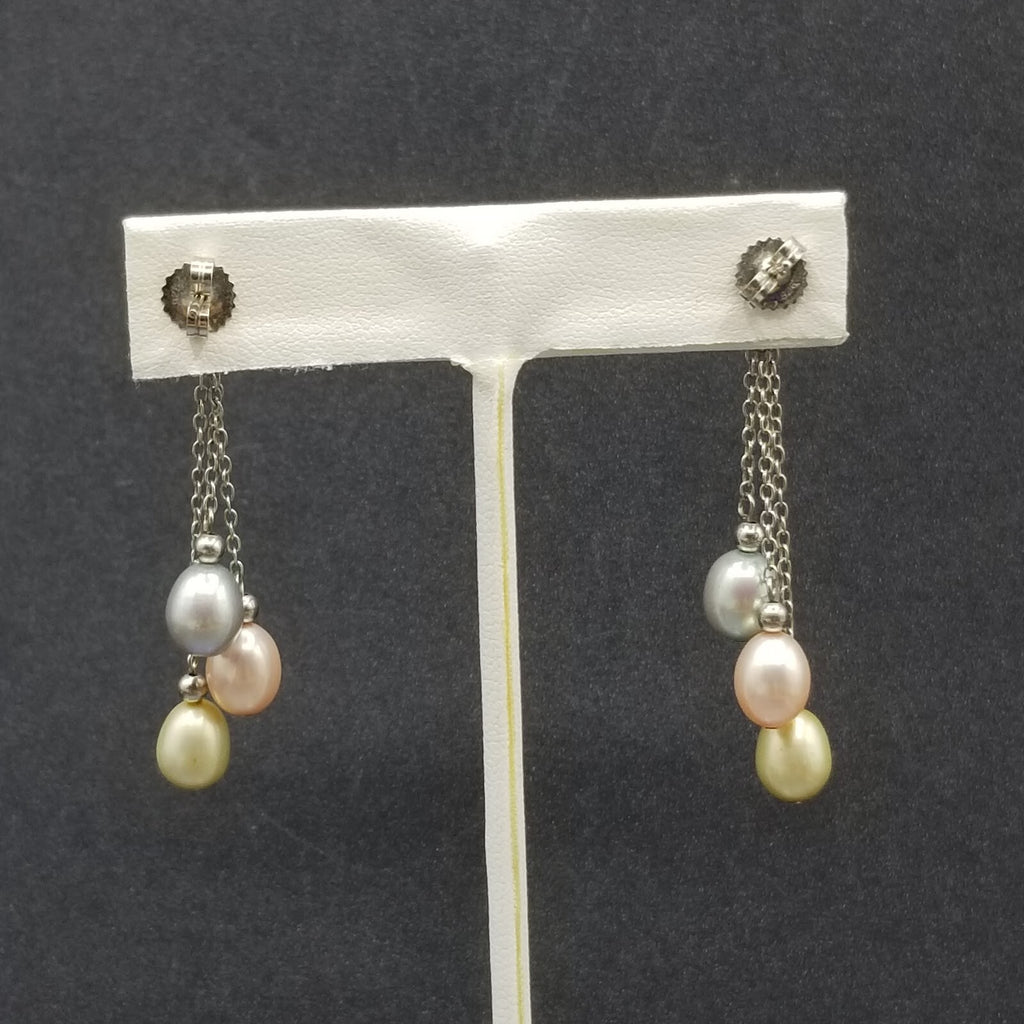 Pierced Earrings Sterling Chain Multicolor Pearl Dangle 1 3/4"