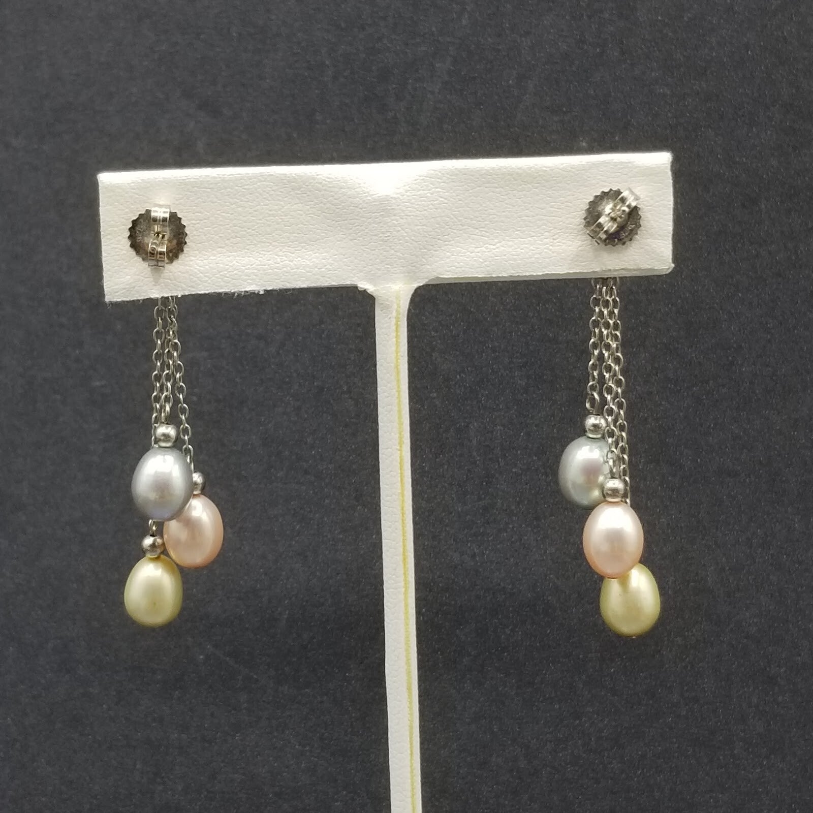 Pierced Earrings Sterling Chain Multicolor Pearl Dangle 1 3/4"
