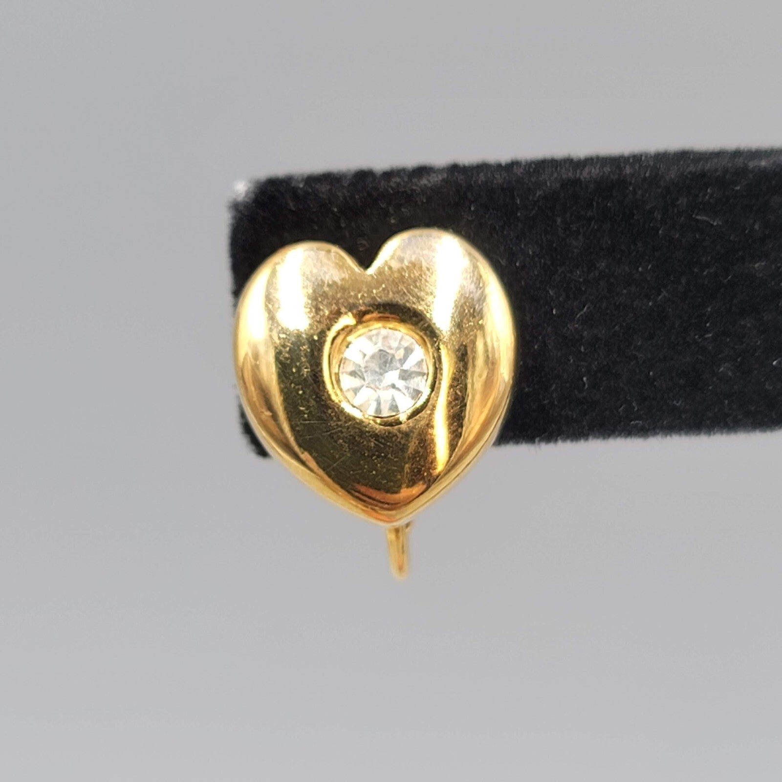 Vintage Goldette Heart Stud Clip on Earrings Gold Plated Rhinestone Center 1/2"