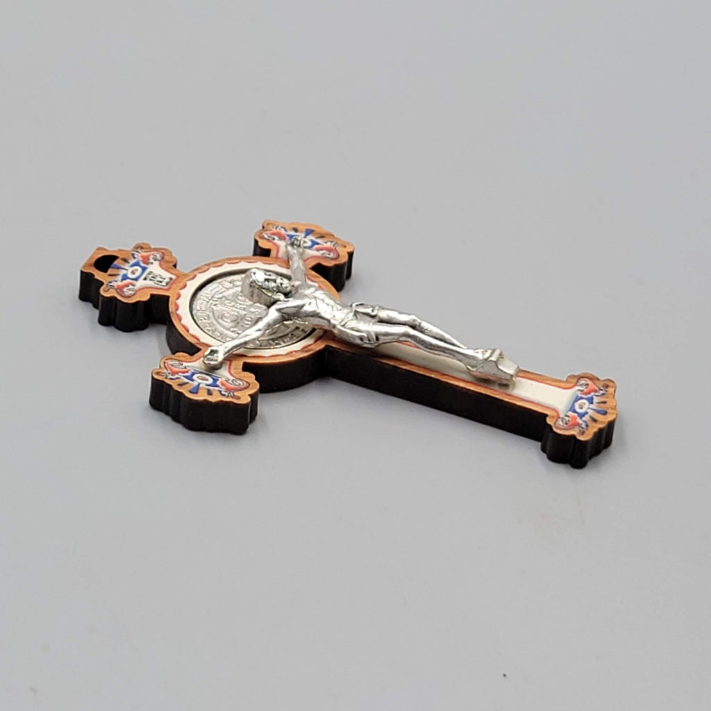 St Benedict Painted Olive Wood Crucifix 3 in Pectoral Cross