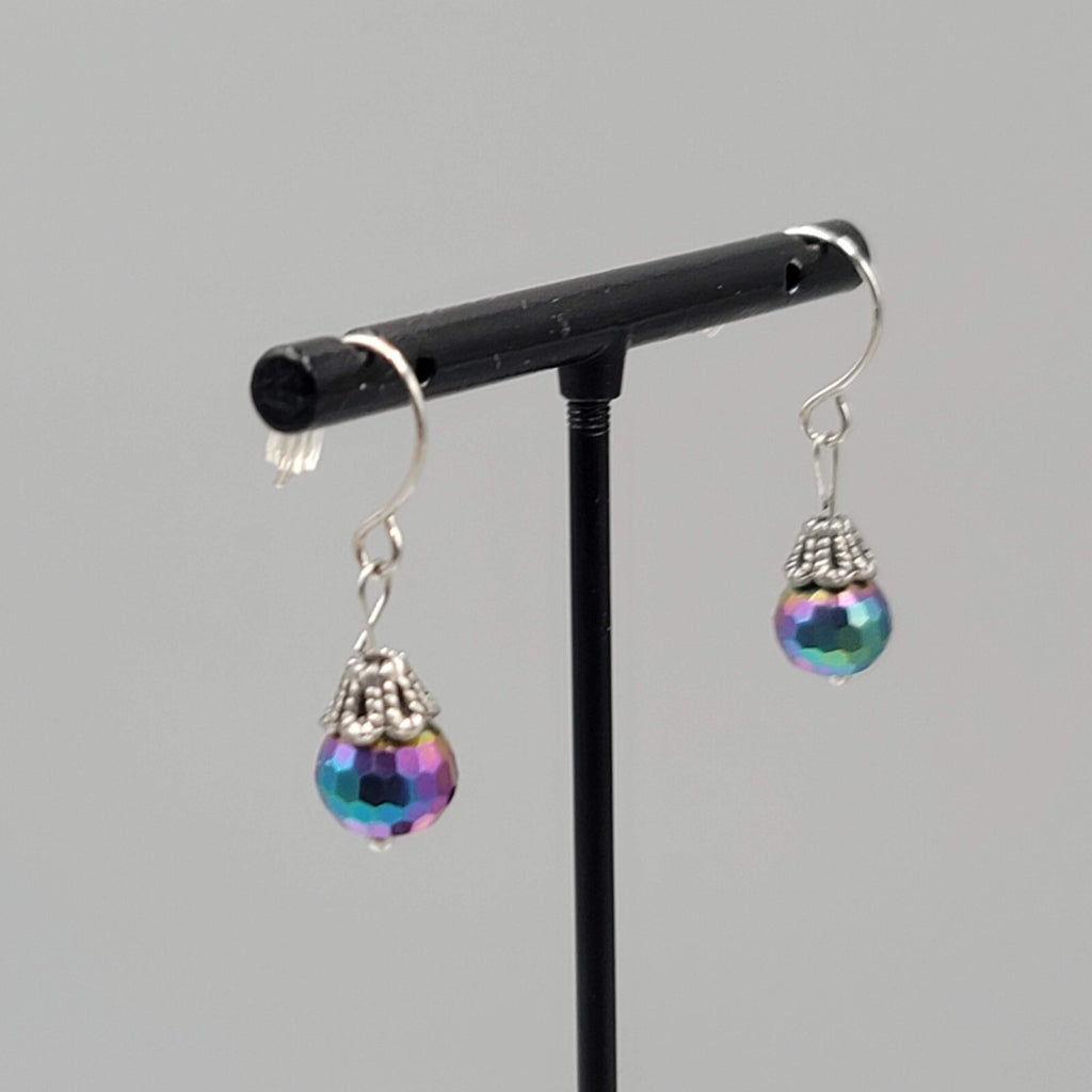 Rainbow Iridescent Sparkle Faceted Bead Dangle Pierced Earrings Silvertone 5/8"