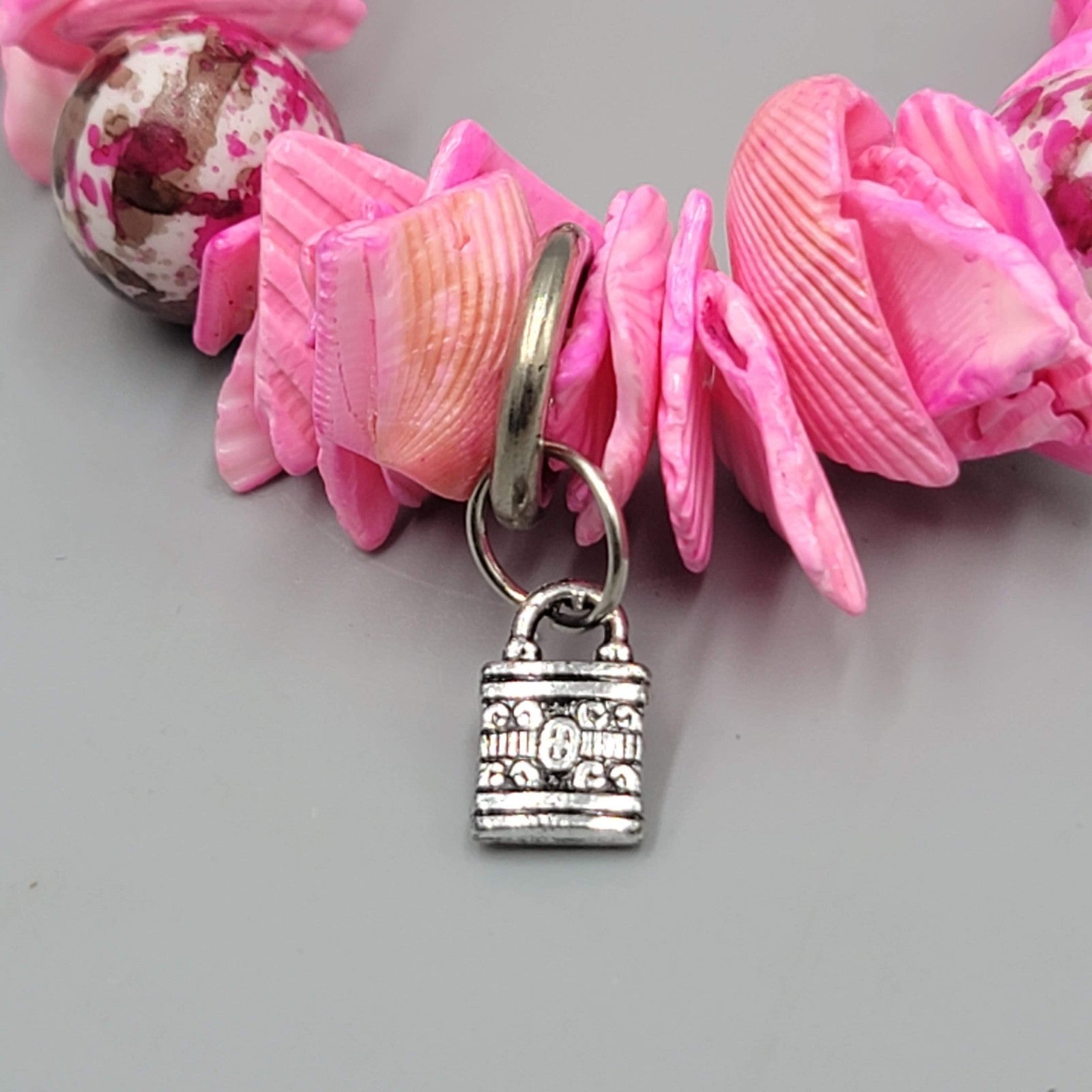 Hot Pink Shell Bracelet Silver tone Charms Elastic Statement 7.5"