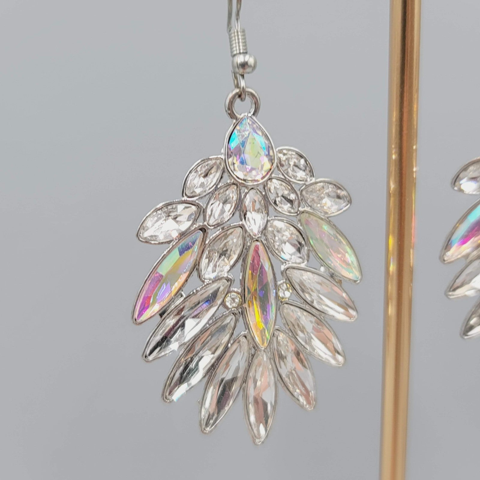 Statement Pierced Earrings Silver tone AB Rhinestones Dangle 2"