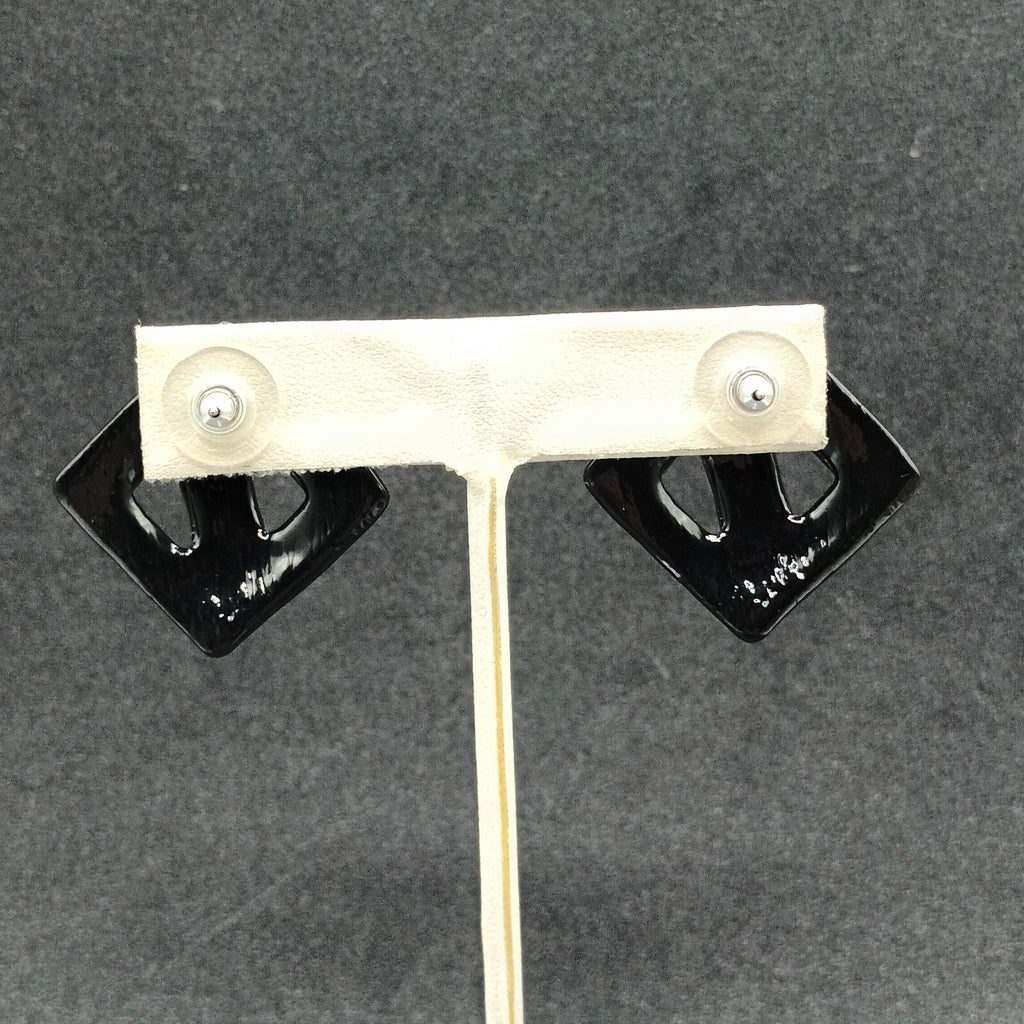 Vintage Pierced Earrings White Black Enamel Open Square Drop 1 3/8"