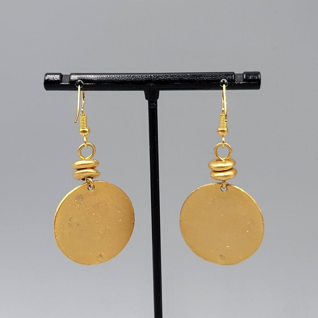 Round Pierced Earrings Yellow Gold Plated Dangle 1.5"