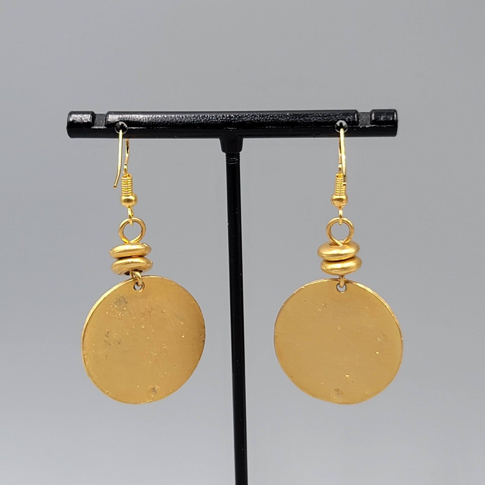 Round Pierced Earrings Yellow Gold Plated Dangle 1.5"