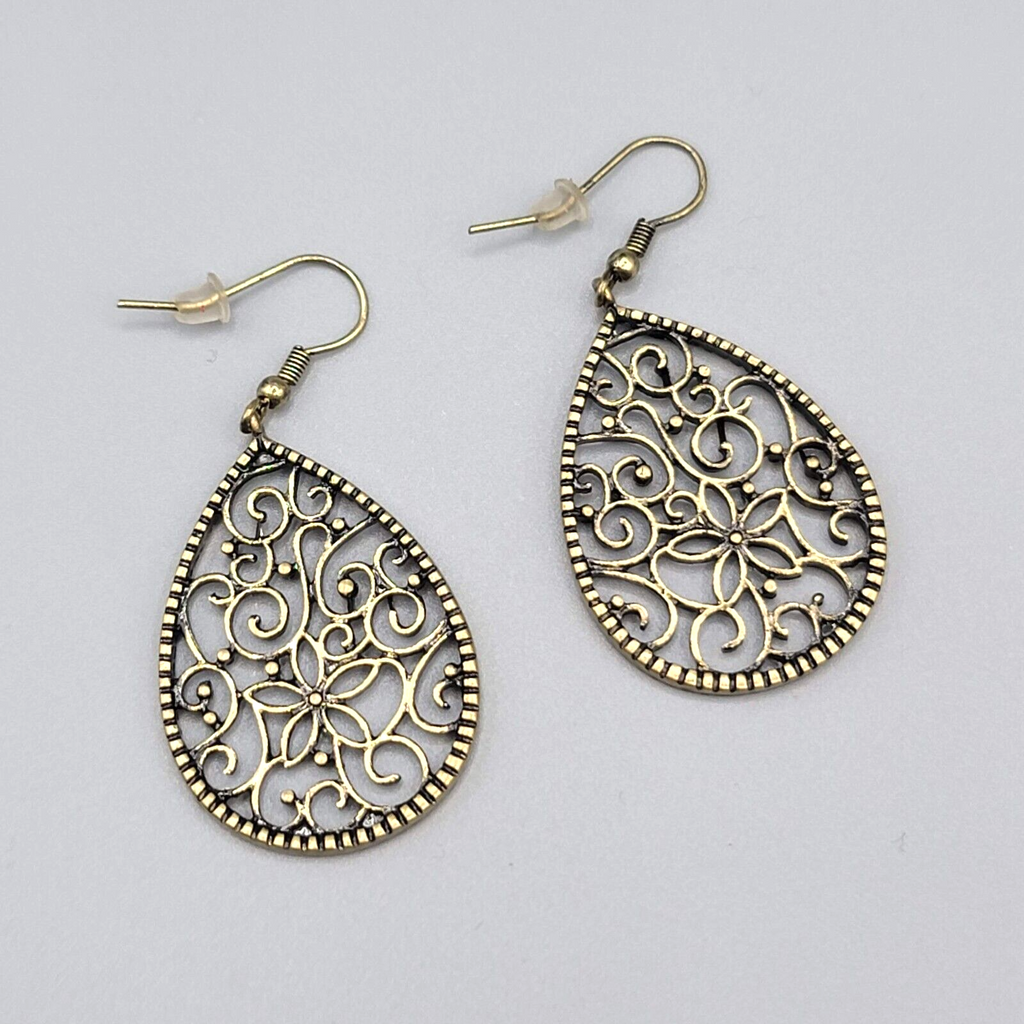Pierced Earrings Bronze tone Filigree Teardrop Dangle 1.5"