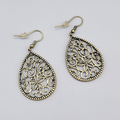 Pierced Earrings Bronze tone Filigree Teardrop Dangle 1.5"