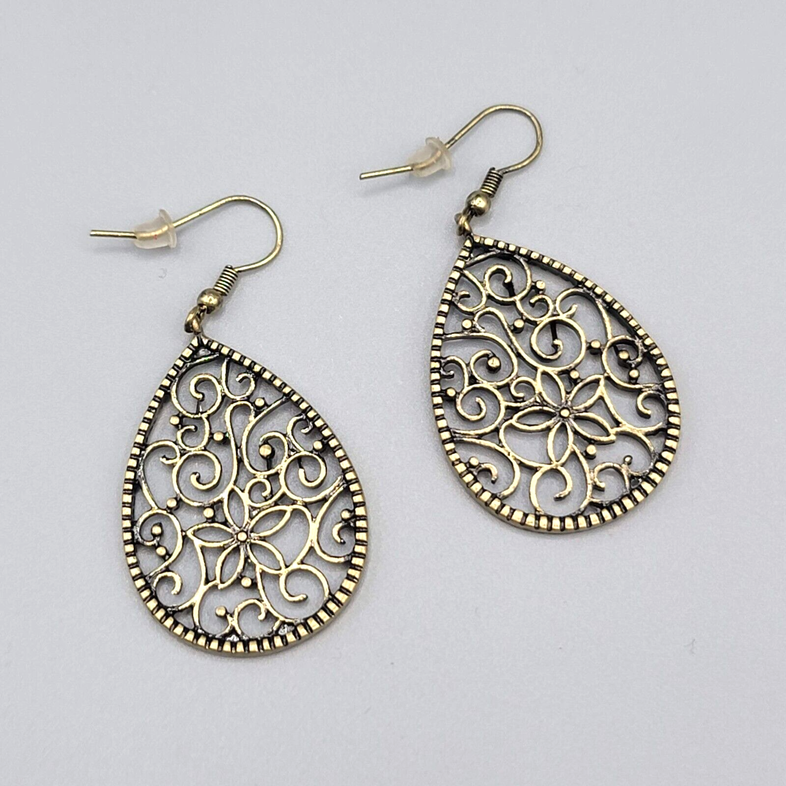 Pierced Earrings Bronze tone Filigree Teardrop Dangle 1.5"