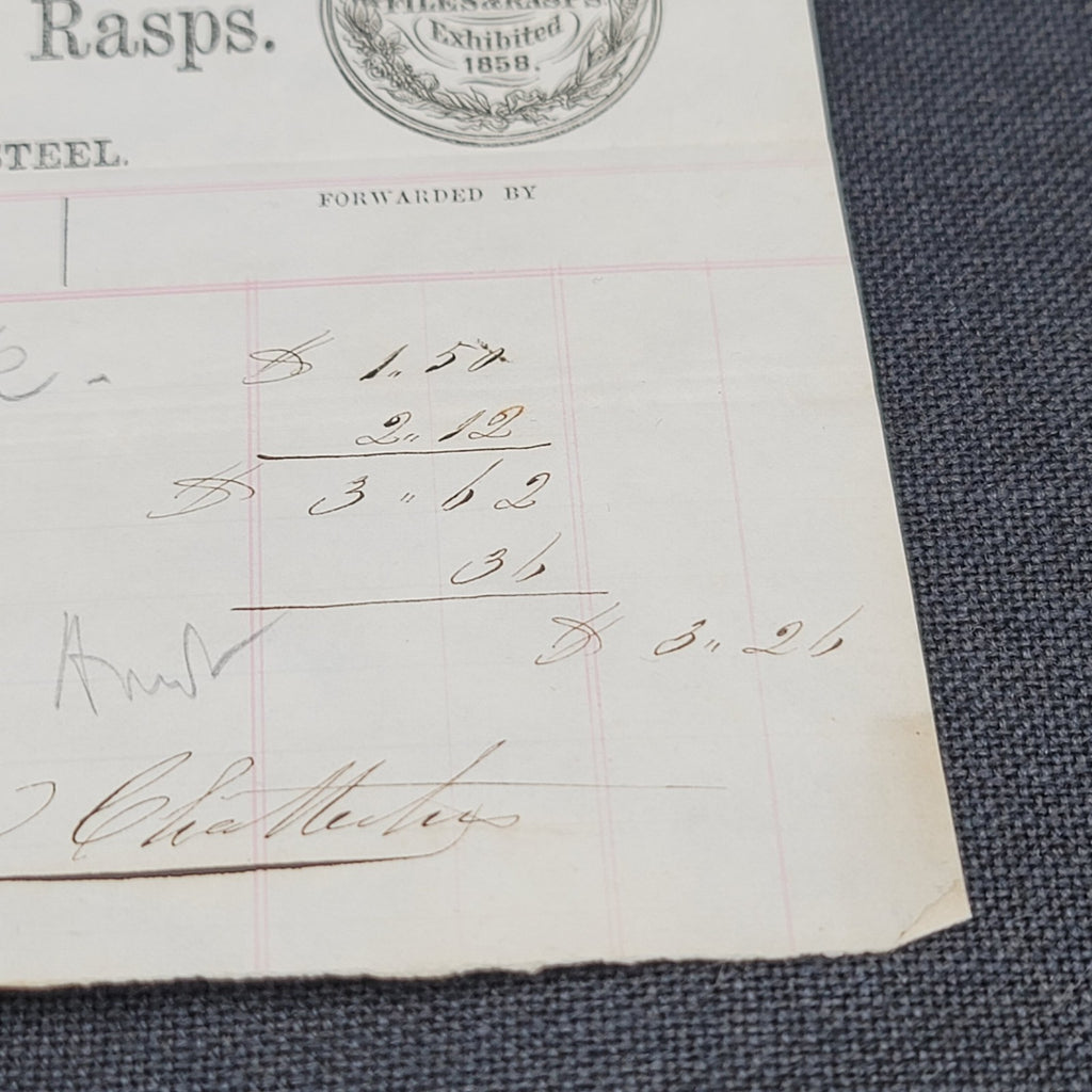 1861 Receipt for tools Geo Chatterton Files Rasps Rhode Island USA Antique