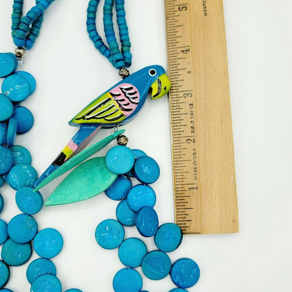Vintage Blue Parrot Bird Coconut Bead Necklace 27 in Estate Costume Jewelry